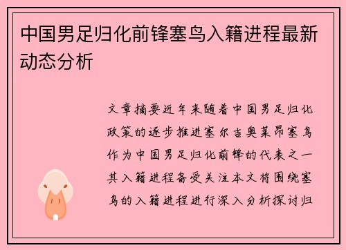 中国男足归化前锋塞鸟入籍进程最新动态分析